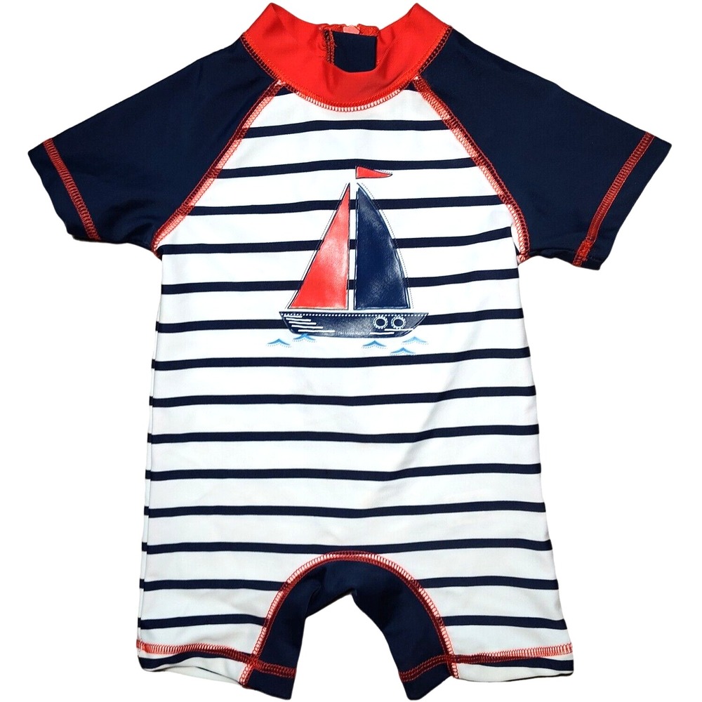 Little Me Baby Boy 12 Mos 1pc Swim Wear Rash‎ Guard Sail Boat Stripe LN